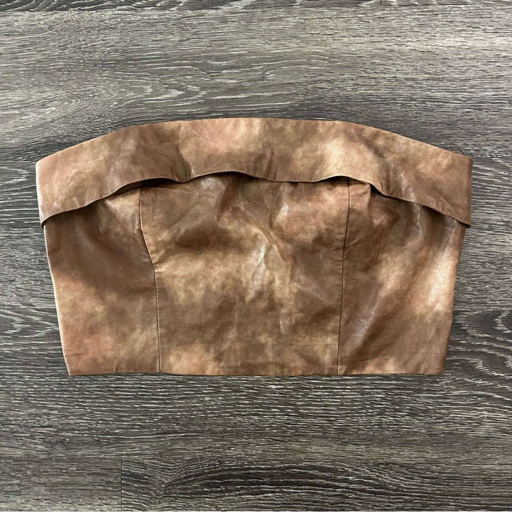Cherry Mellow Faux Leather Strapless Cropped Tube Top Size L Brown Tan Full Zip